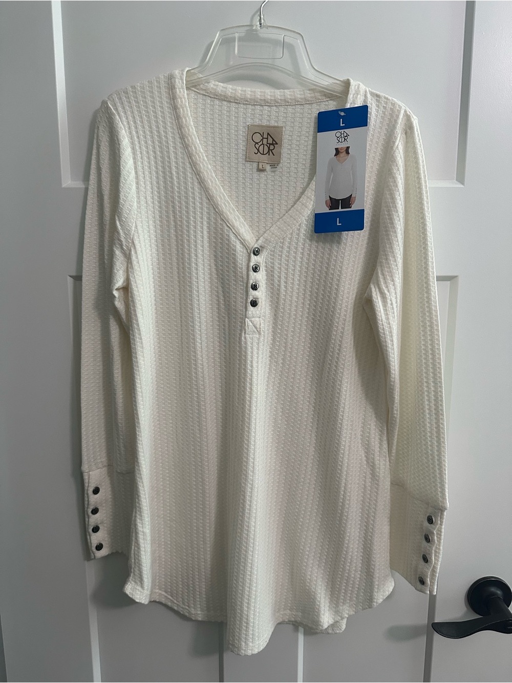 Chaser Ivory Waffle Henley Long Sleeve Top